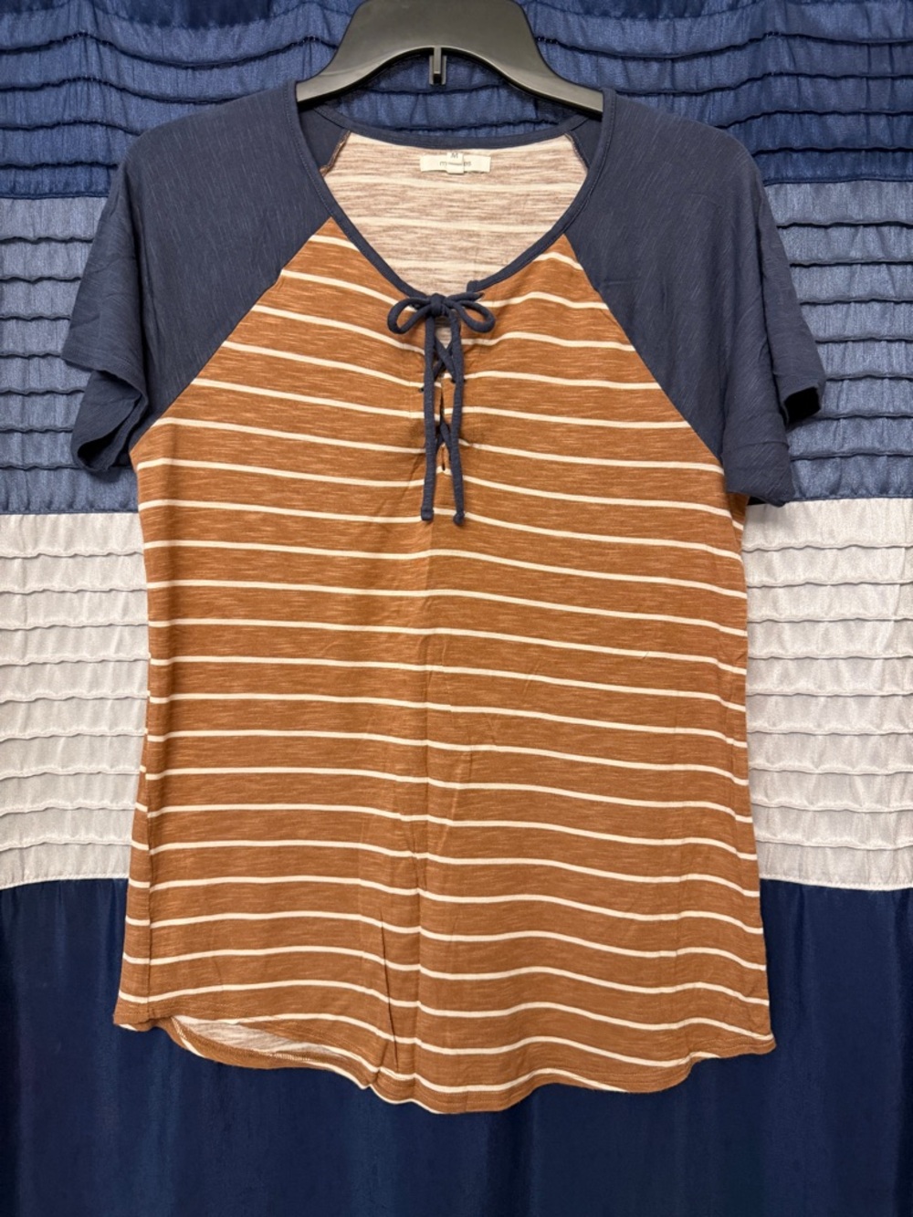 Maurices Rust and Navy Striped Raglan Tee with Lace-Up Neck
